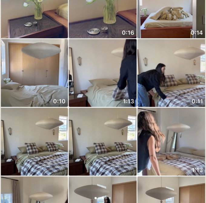 Photo reel grid of a person making a bed