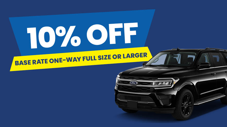 10% off base rate one-way full size or larger. Black Ford Expedition against a blue background.
