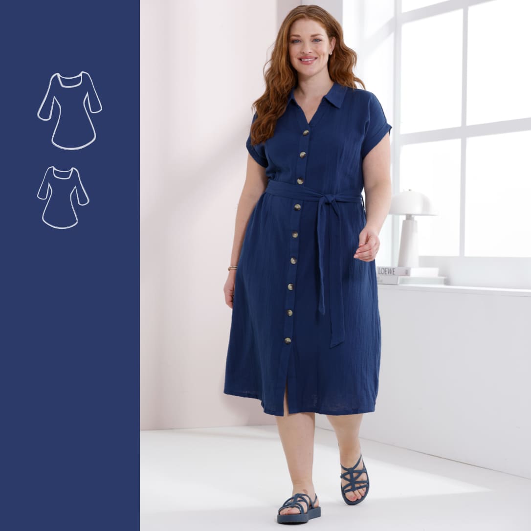 Ein Model trägt ein blaues, knopfgeschlossenes Midikleid mit kurzen Ärmeln und Bindegürtel. Sommer-Outfit: Luftig und entspannt. Bild oder Schaltfläche daneben anklicken, um zum Outfit zu gelangen >