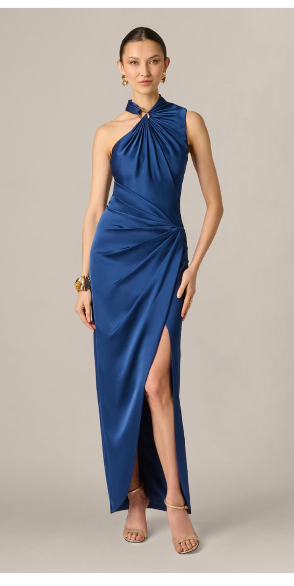 Satin Asymmetrical Draped Hardware Halter Gown In Navy