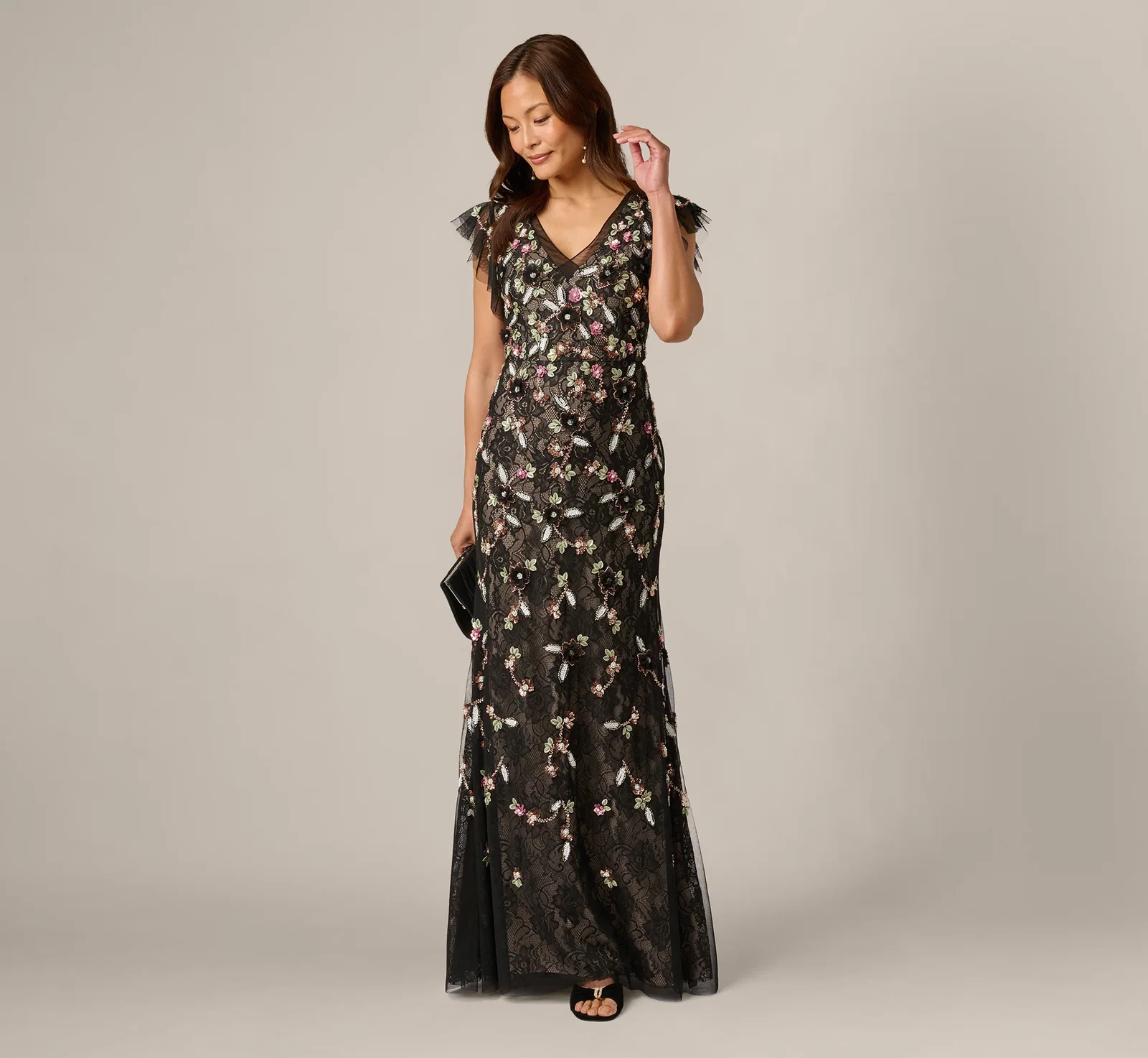 Image of Flutter Sleeve Floral Sequin Beaded Lace Gown In Black Blush Multi