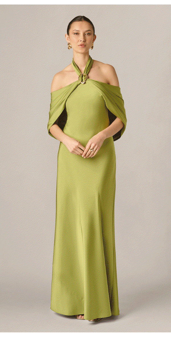 Satin Draped Shawl Halter Gown In Fern