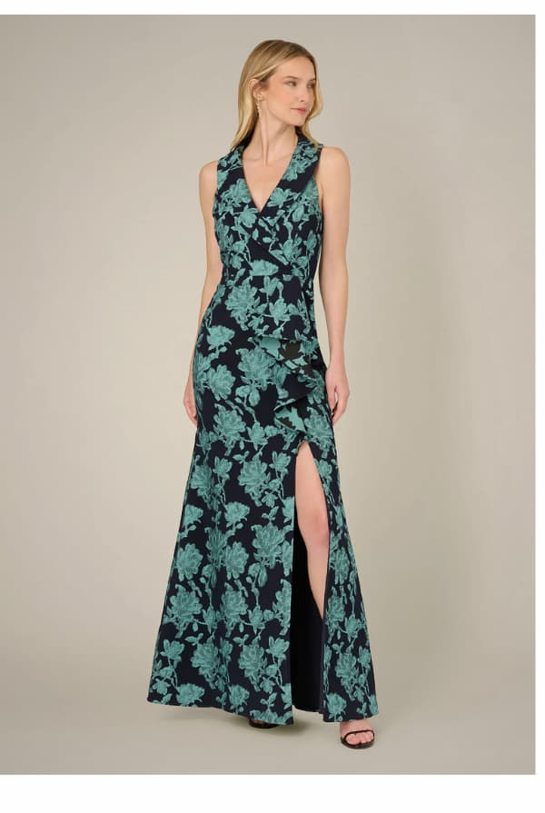 Floral Jacquard Shawl Collar Gown In Navy Multi