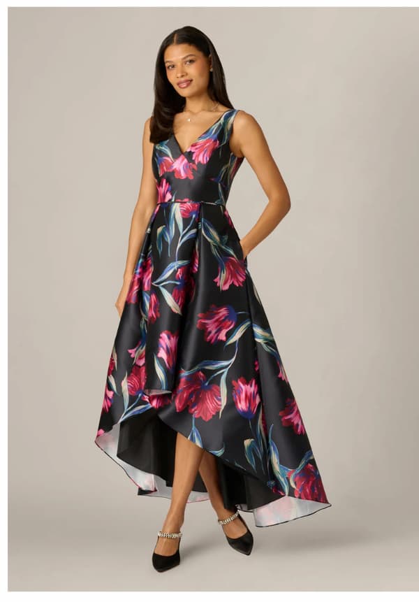 Floral Print Mikado High Low Gown In Black Multi