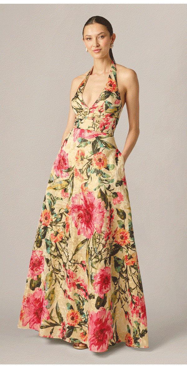 Floral Jacquard Plunge Neck Halter Ballgown In Pink Multi
