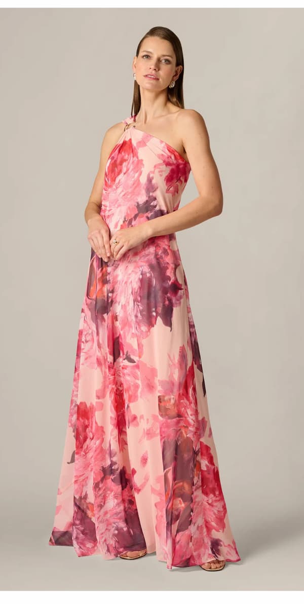 One Shoulder Peony Floral Chiffon Scarf Gown In Pink Multi