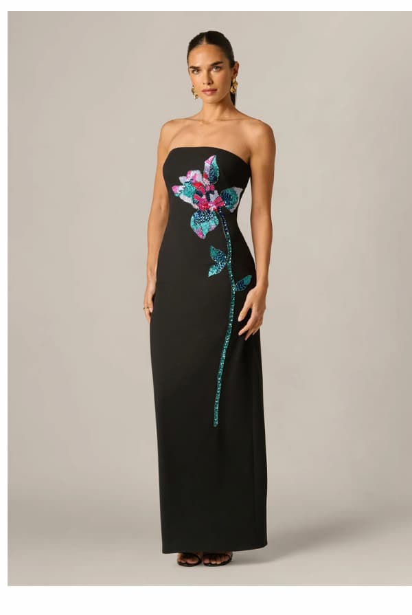 Strapless Beaded Placement Floral Gown In Black Multi