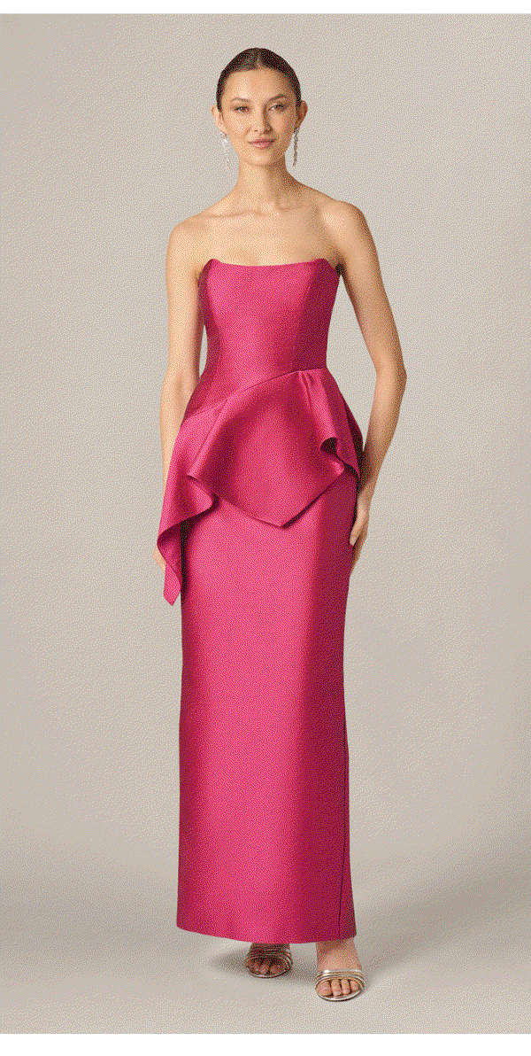 Strapless Asymmetrical Peplum Gown In Bright Rose