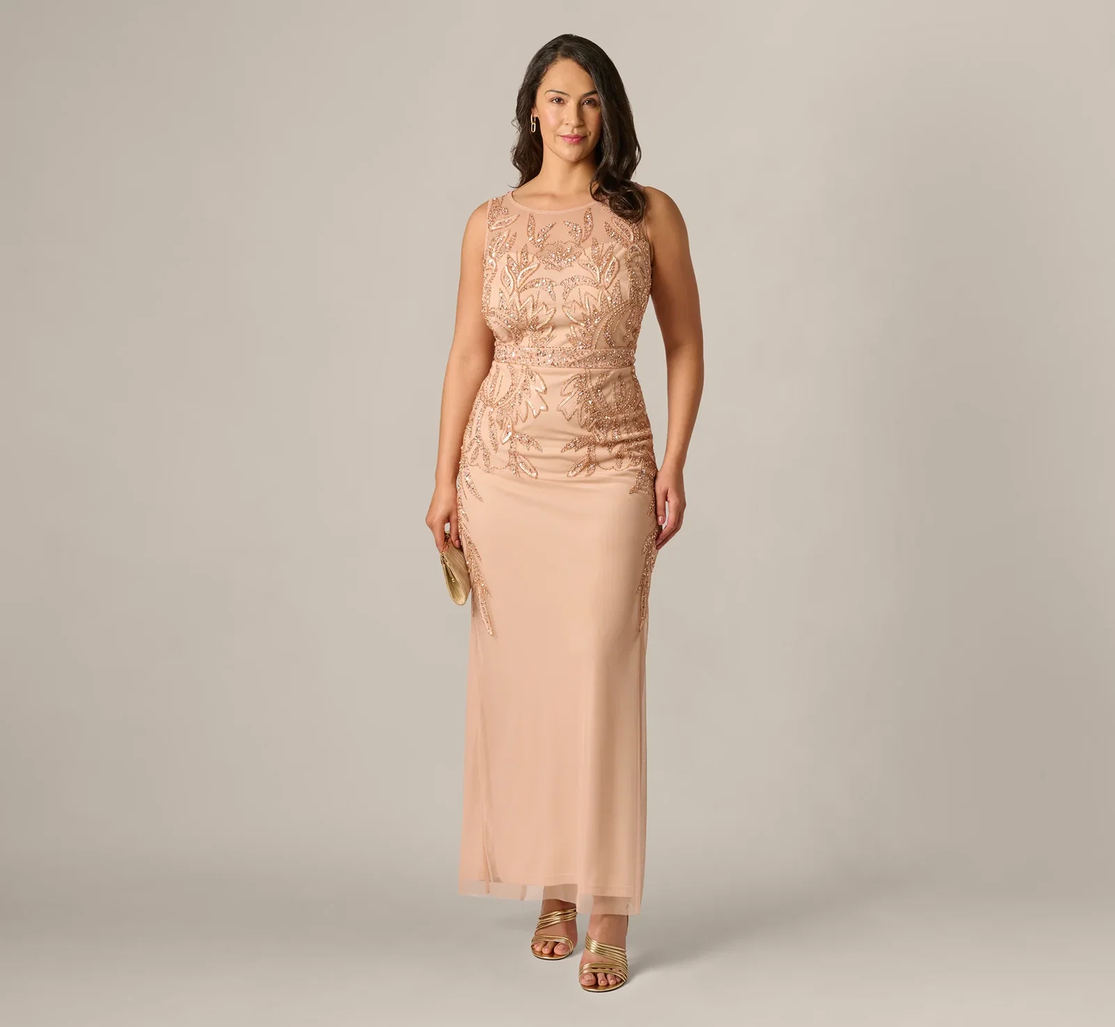 Image of Plus Size Adrianna Papell Hand-Beaded Sleeveless Slim Column Gown In Rose Gold