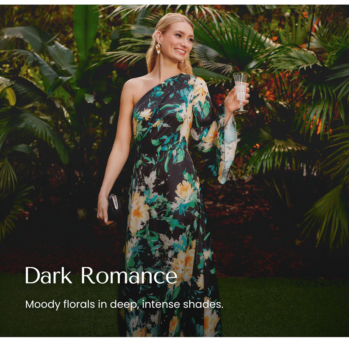 One Shoulder Long Sleeve Floral Satin Gown In Black Multi