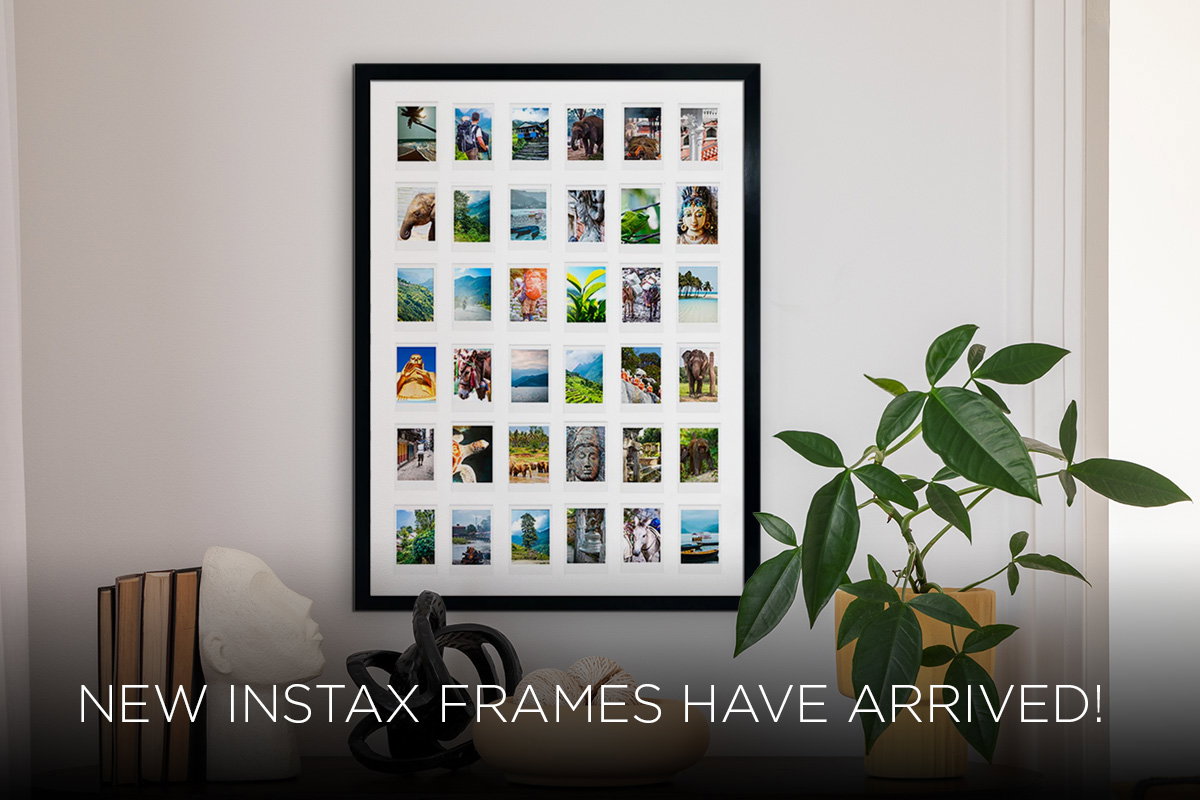 Instax photo collage frame lifestyle image with new frames arrived text