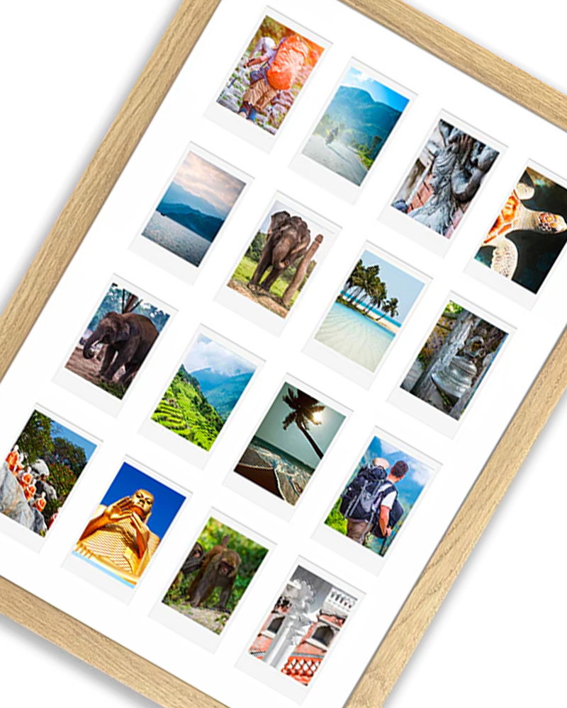 Wooden Instax photo collage frame with travel photography prints