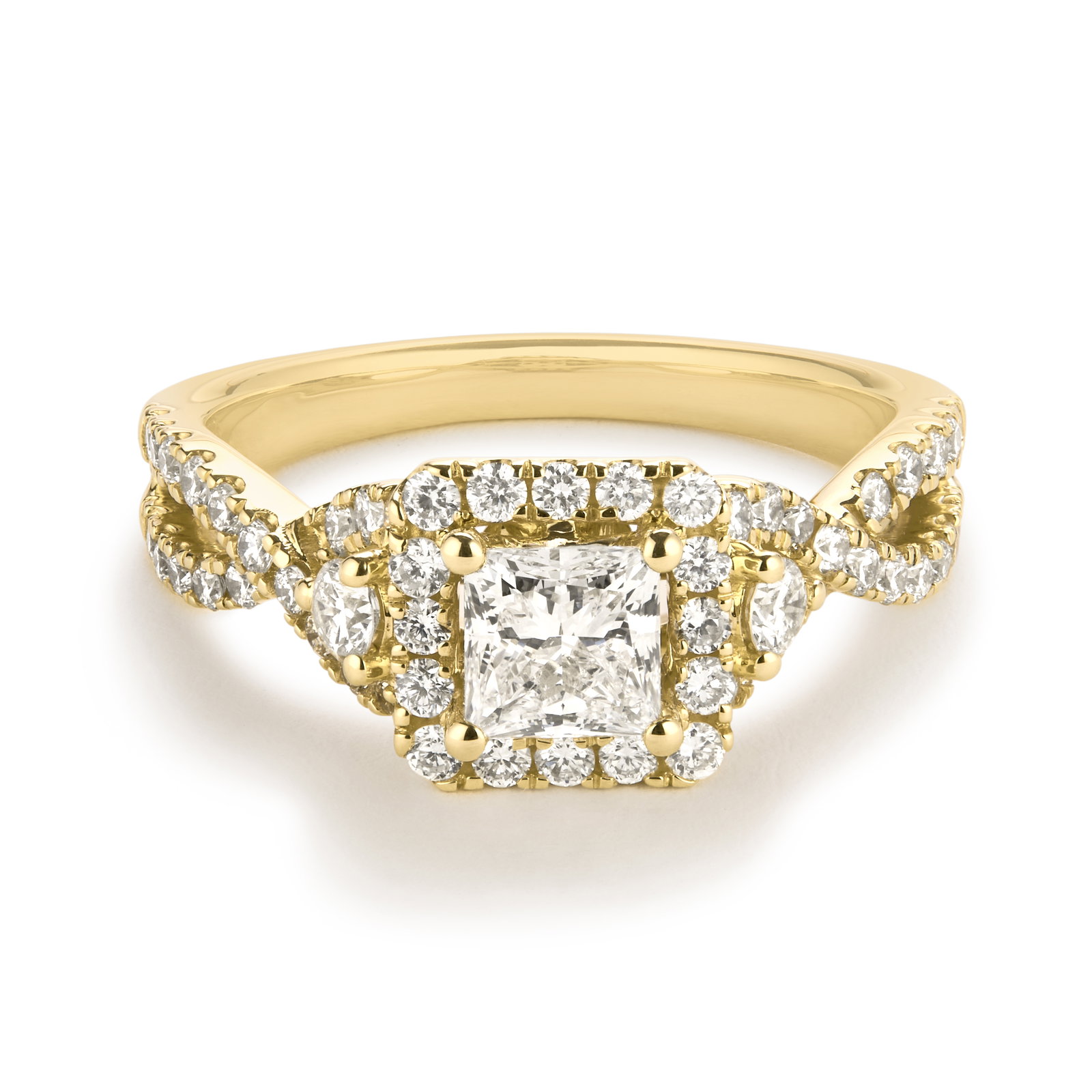 Image of Princess-Cut Lab Grown 1 1/2ctw. Diamond Halo Twist Engagement Ring in 14k Yellow Gold