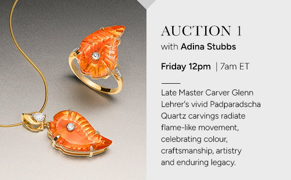 Auction 1 with Adina Stubbs, Friday 12pm | 7am ET. Late Master Carver Glenn Lehrer's vivid Padparadscha Quartz carvings radiate flame-like movement, celebrating colour, craftsmanship, artistry and enduring legacy.
