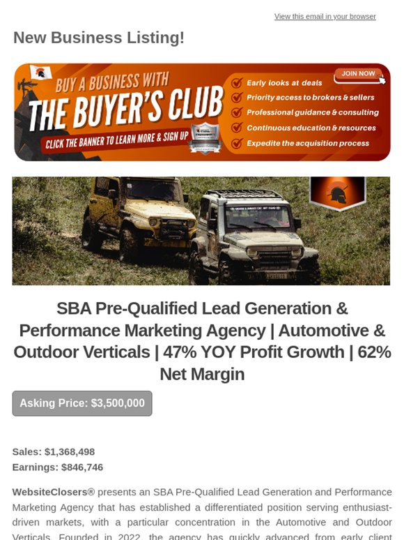 New Deal Alert: SBA Pre-Qualified Lead Generation & Performance Marketing Agency | Automotive & Outdoor Verticals | 47% YOY Profit Growth | 62% Net