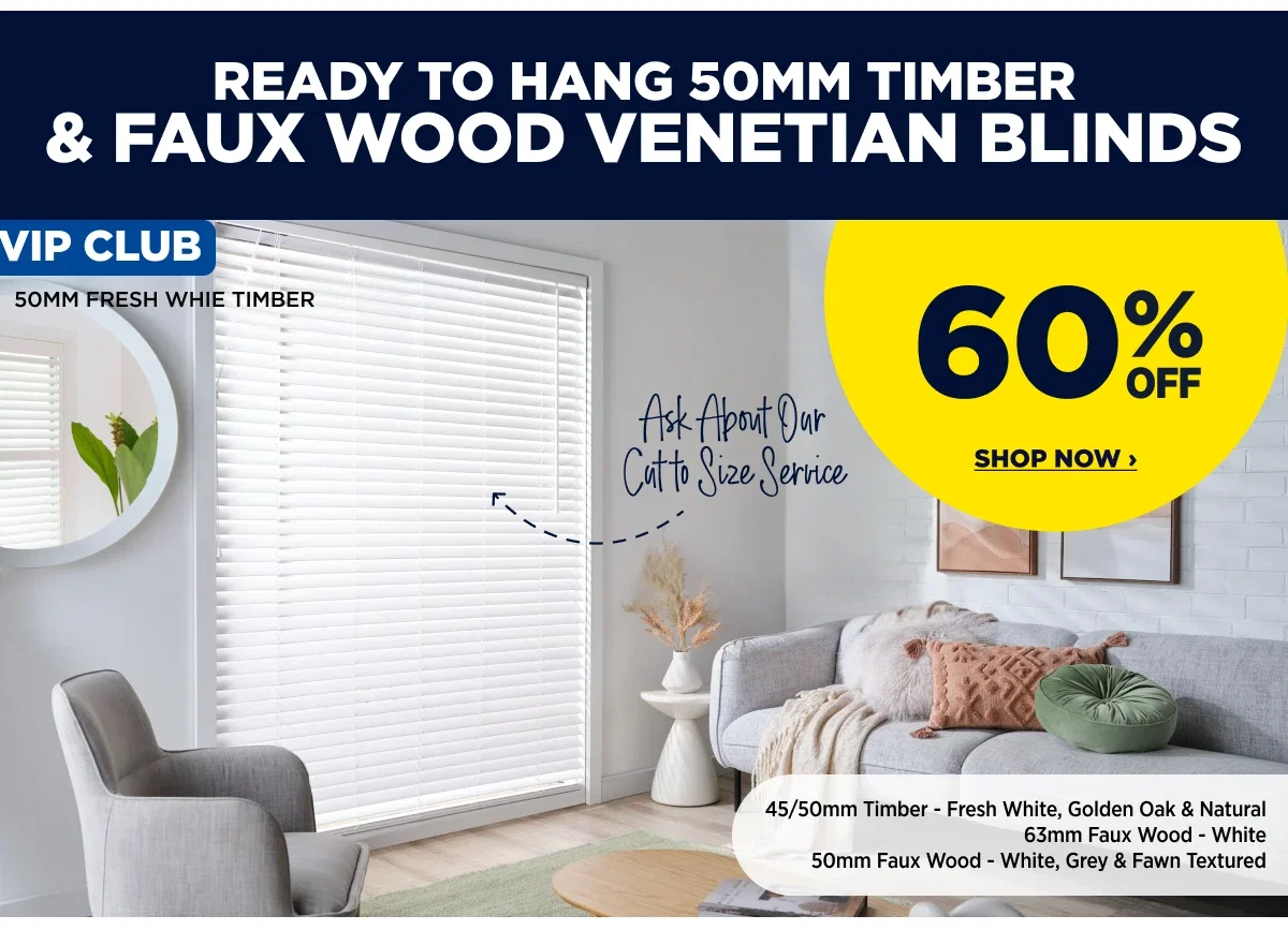 READY TO HANG 50MM TIMBER & FAUX WOOD VENETIAN BLINDS