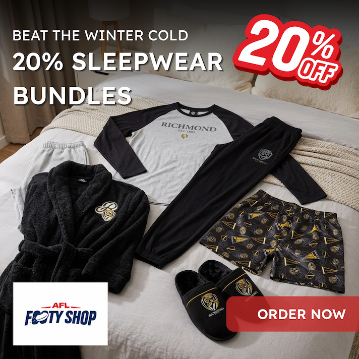 Our AFL Footy Shop Sleepwear Bundle Sitting on a bed