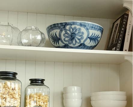 Shelves for storage and display in side kitchen