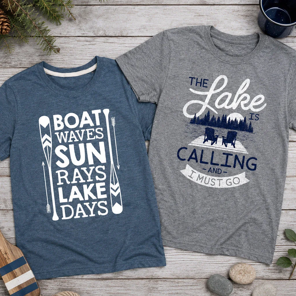 Two lake-themed t-shirts displayed on wooden background with nature decor and stones.