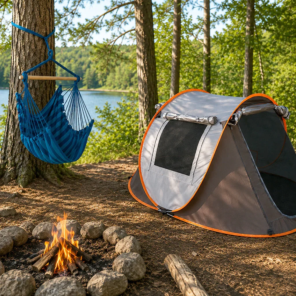A campsite by a lake with a blue hammock, orange pop-up tent, and active campfire surrounded by rocks.