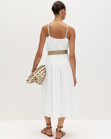 White Pure Cotton Square Neck Strappy Midaxi Waisted Dress