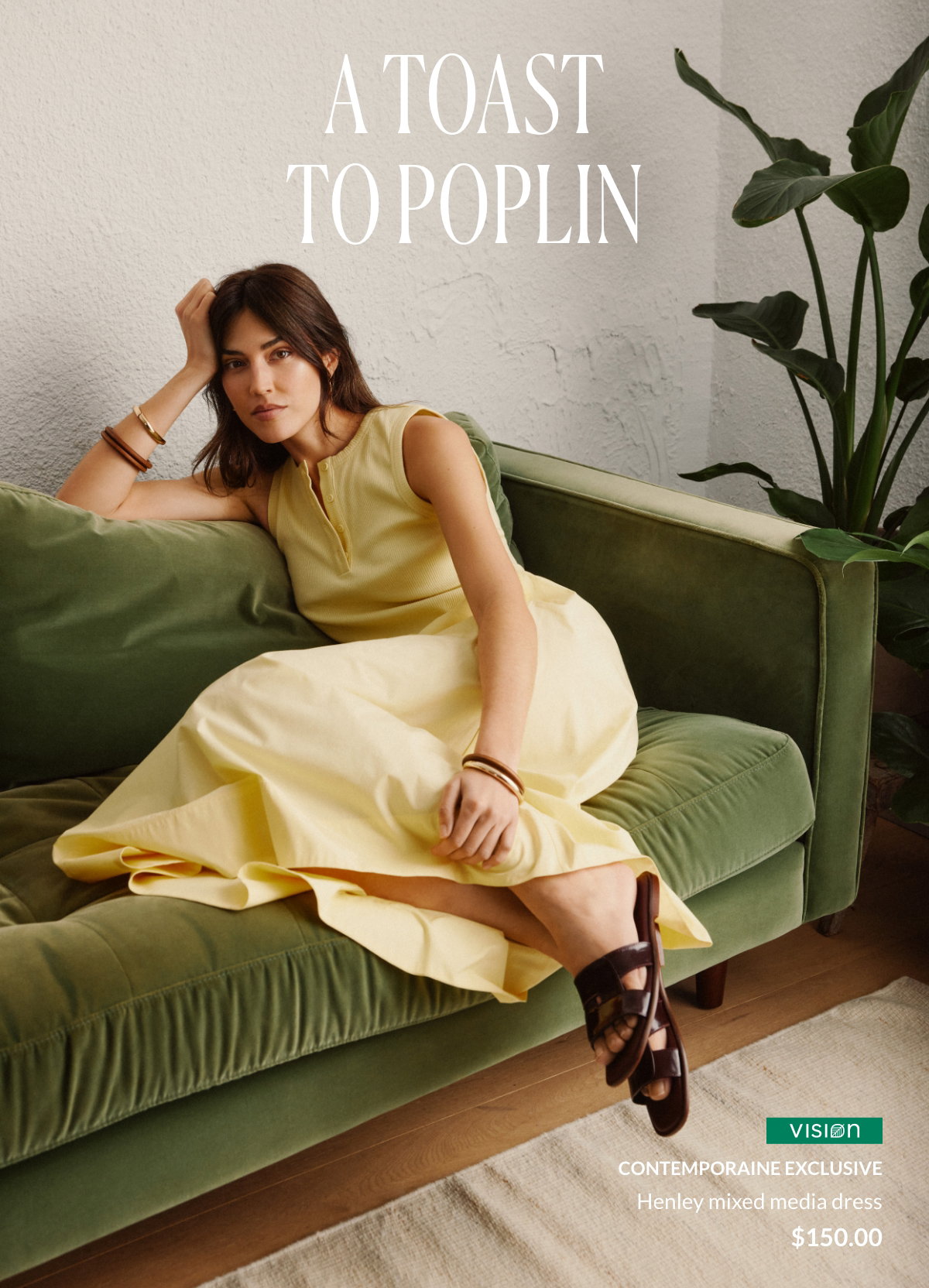 A Toast to Poplin. Woman wearing a poplin and jersey midi dress with a henley collar at 150$ by Contemporaine. 