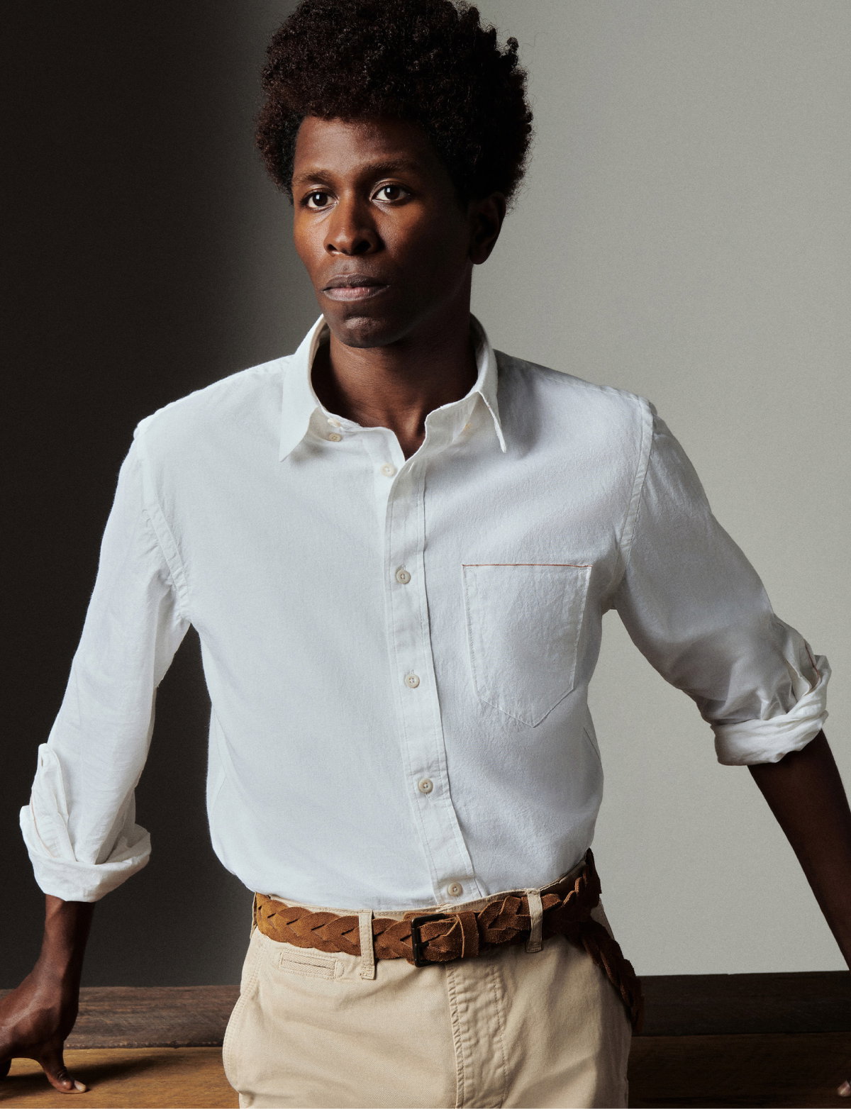 Model wears the White MSL 1 Pocket Shirt