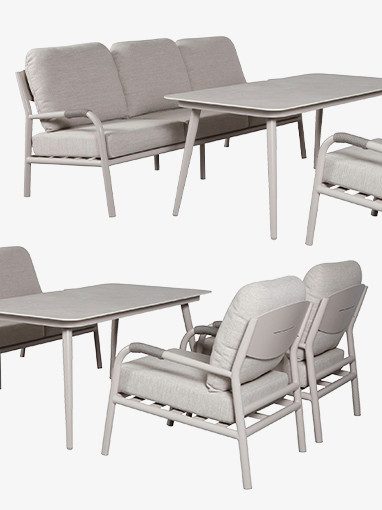 Gartenmöbel Set mit Tisch, Sofa und Stühlen.