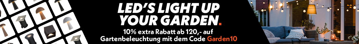 Campaign banner: Led's Light up your garden 10% korting met kortingscode Garden10
