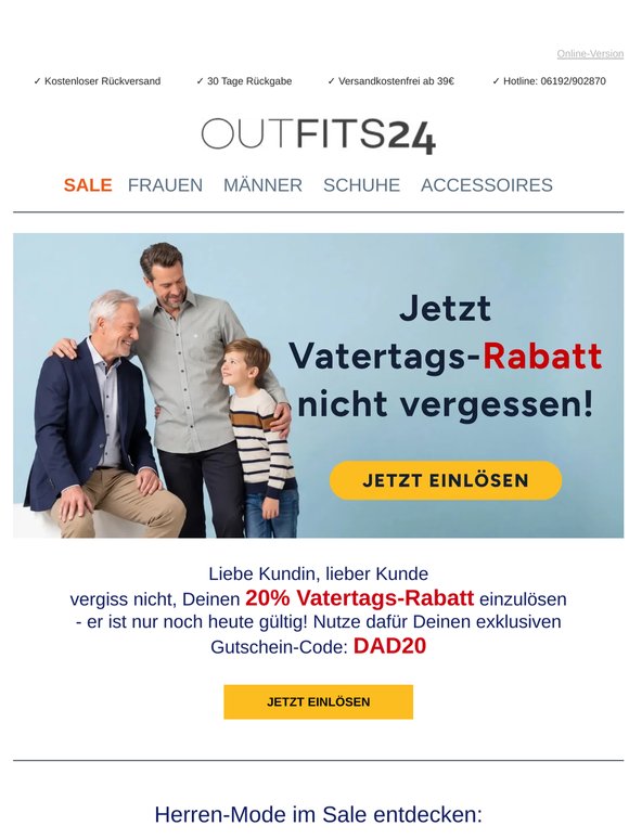 Liebe(r) Kundin/Kundenur noch heute: Dein Rabatt zum Vatertag!