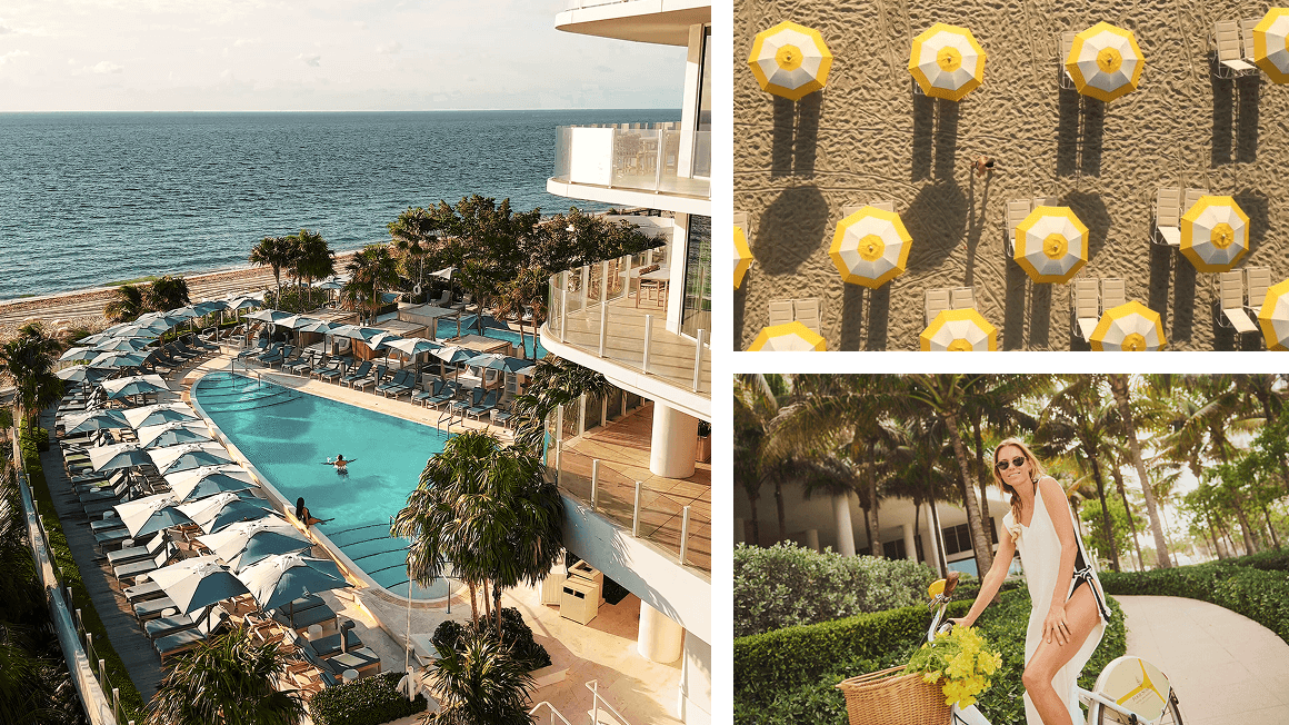 Collage featuring 3 images: Left) Two guests swim in a curved swimming pool lined by shaded loungers, palm trees, and the ocean beyond. Top Right) Overhead view of a person walking along a beach with evenly spaced yellow-and-white beach umbrellas. Bottom Right) A woman rides a bicycle with flower-filled basket on a palm-lined pathway.