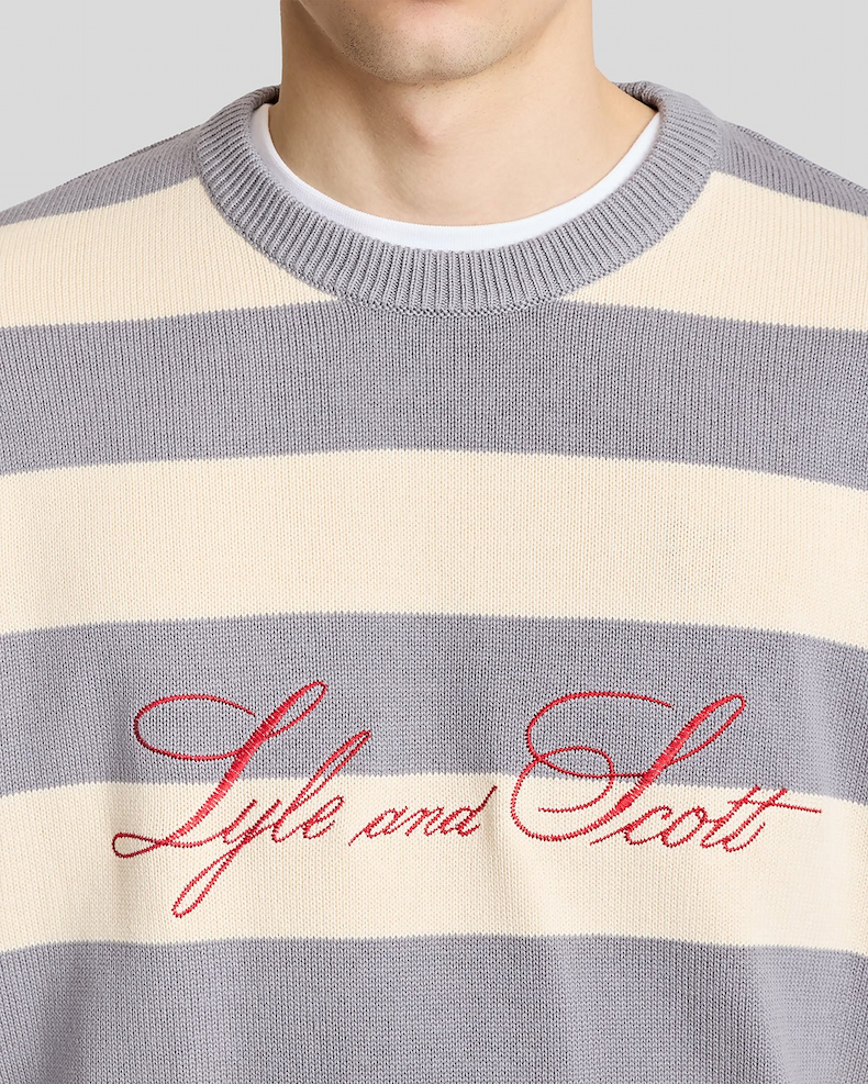 Model wears Striped Script Embroidered Knitted Jumper