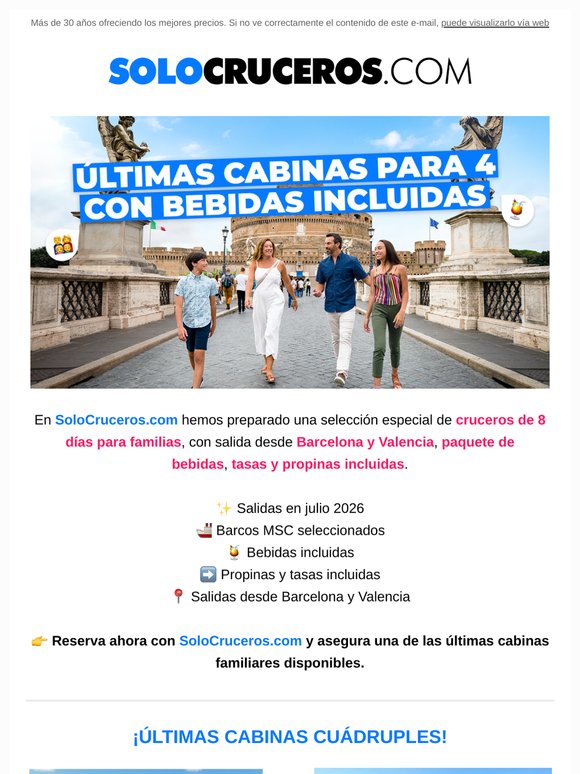 Últimas cabinas cuádruples con bebidas incluidas 🚢👨‍👩‍👧‍👦