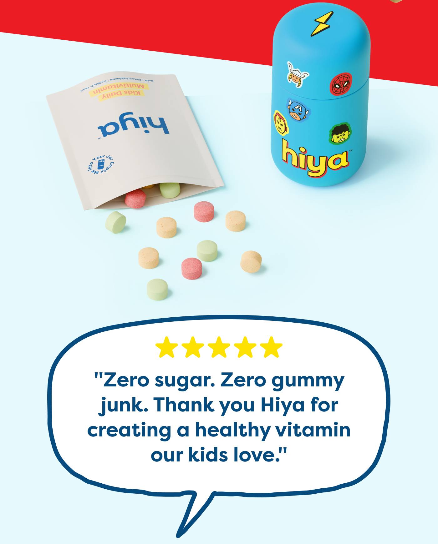 ⭐⭐⭐⭐⭐ "Zero sugar. Zero gummy  junk. Thank you Hiya for creating a healthy vitamin  our kids love." 
