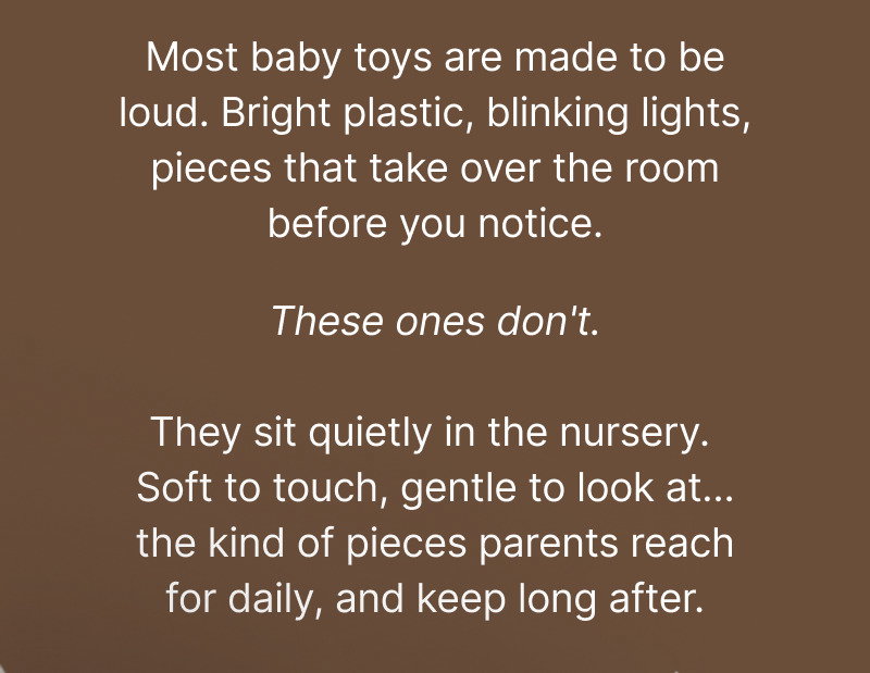 Brown text section with small white decorative line art describing soft neutral toys and calm nursery styling.