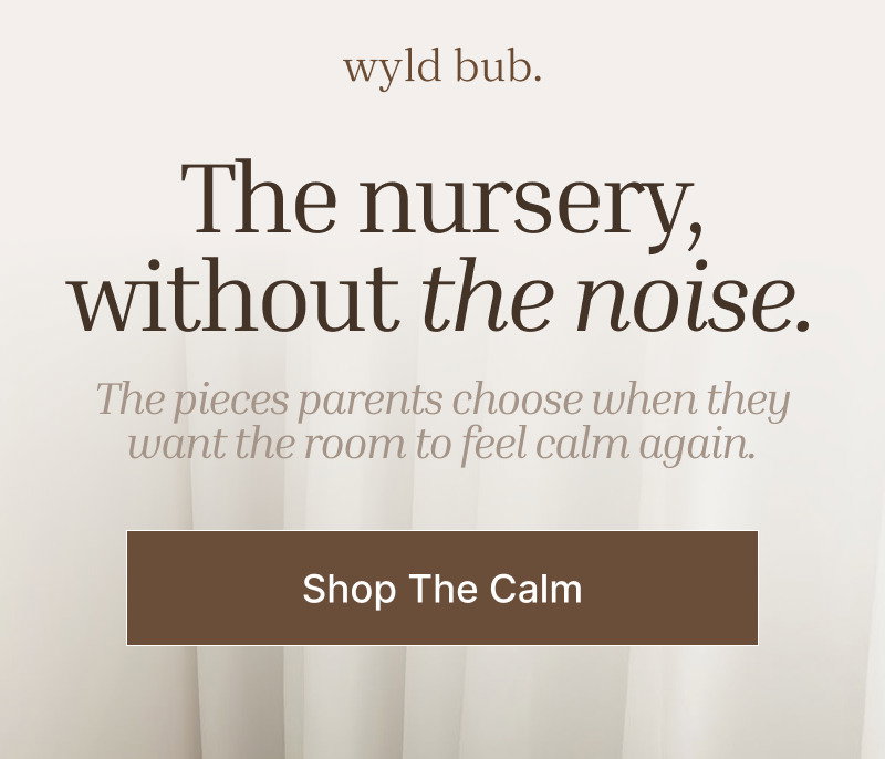 Brand logo above calm nursery text and a brown button on a soft cream background with simple centered layout.