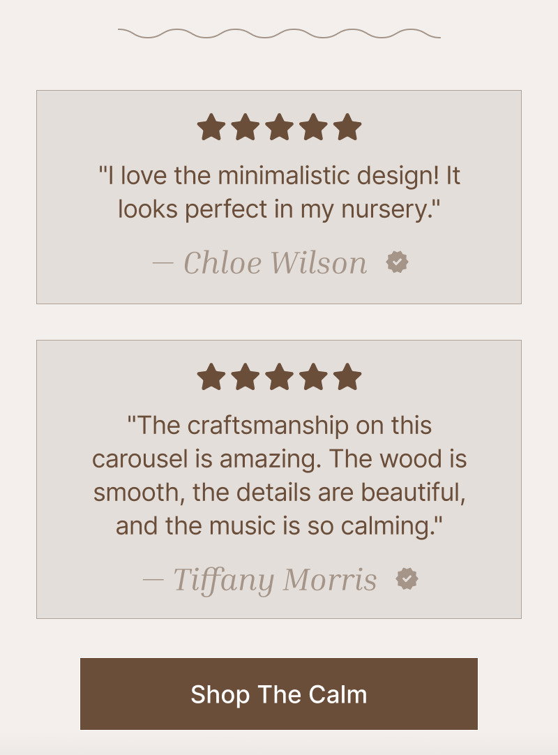 Two beige review cards with star ratings and short customer quotes above a brown button reading Shop The Calm.