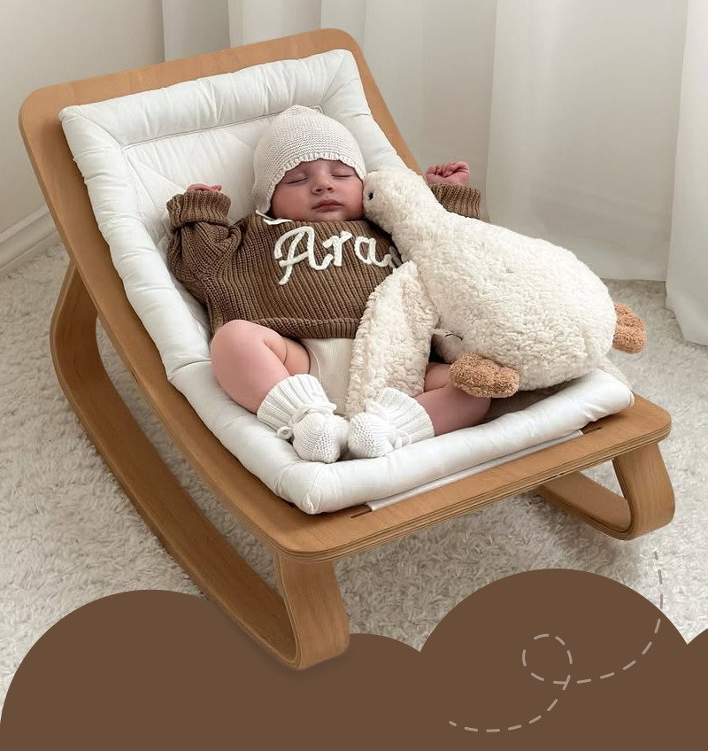 Baby lying in a wooden rocking chair beside plush toys and a personalized pillow in a bright neutral nursery corner.