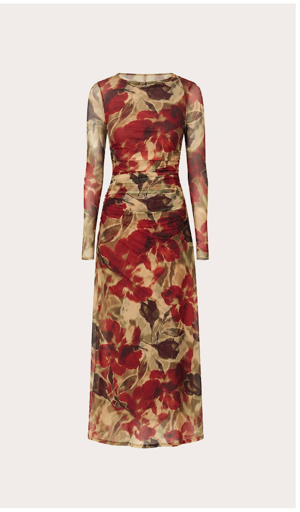 Red Floral Sheer Mesh Midi Dress