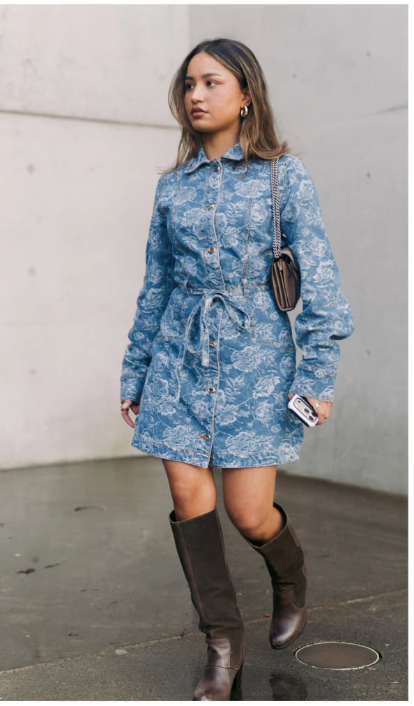 Button Through Floral Denim Dress with Tie Waist