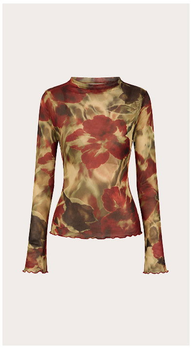 Red Floral Sheer Mesh High Neck Top