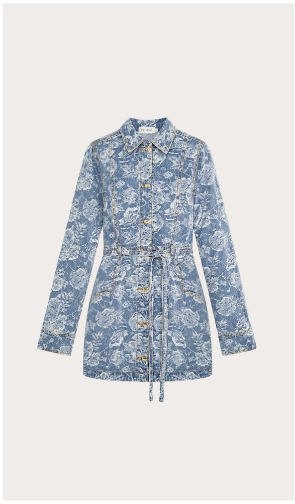 Button Through Floral Denim Dress with Tie Waist