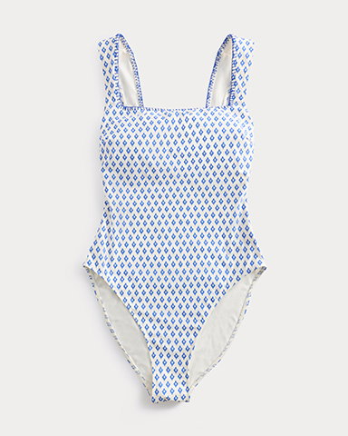Blue Mix Printed Padded Wide Strap Square Neck Swimsuit