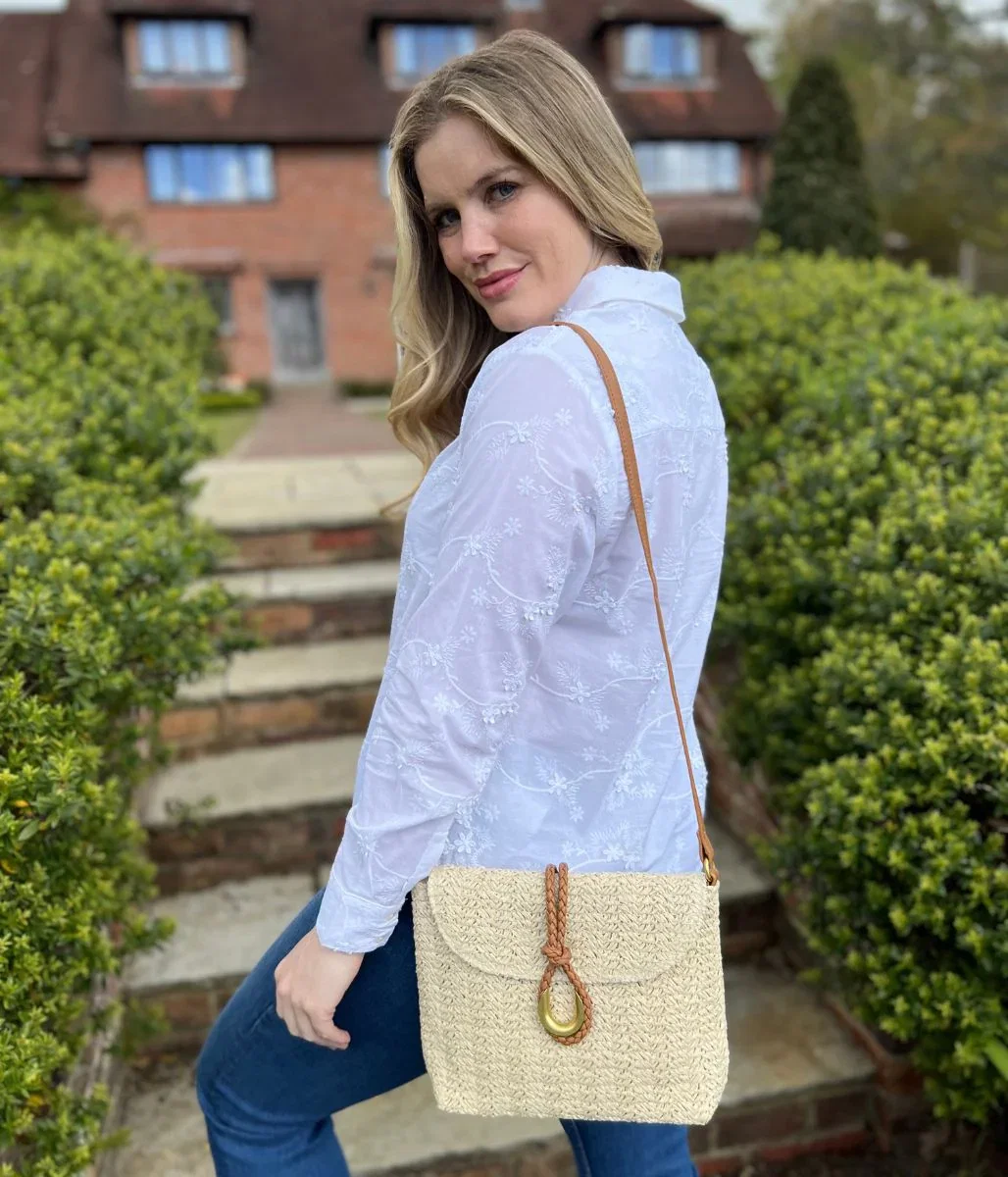 Image of Cream Cross Body Raffia Messenger Bag