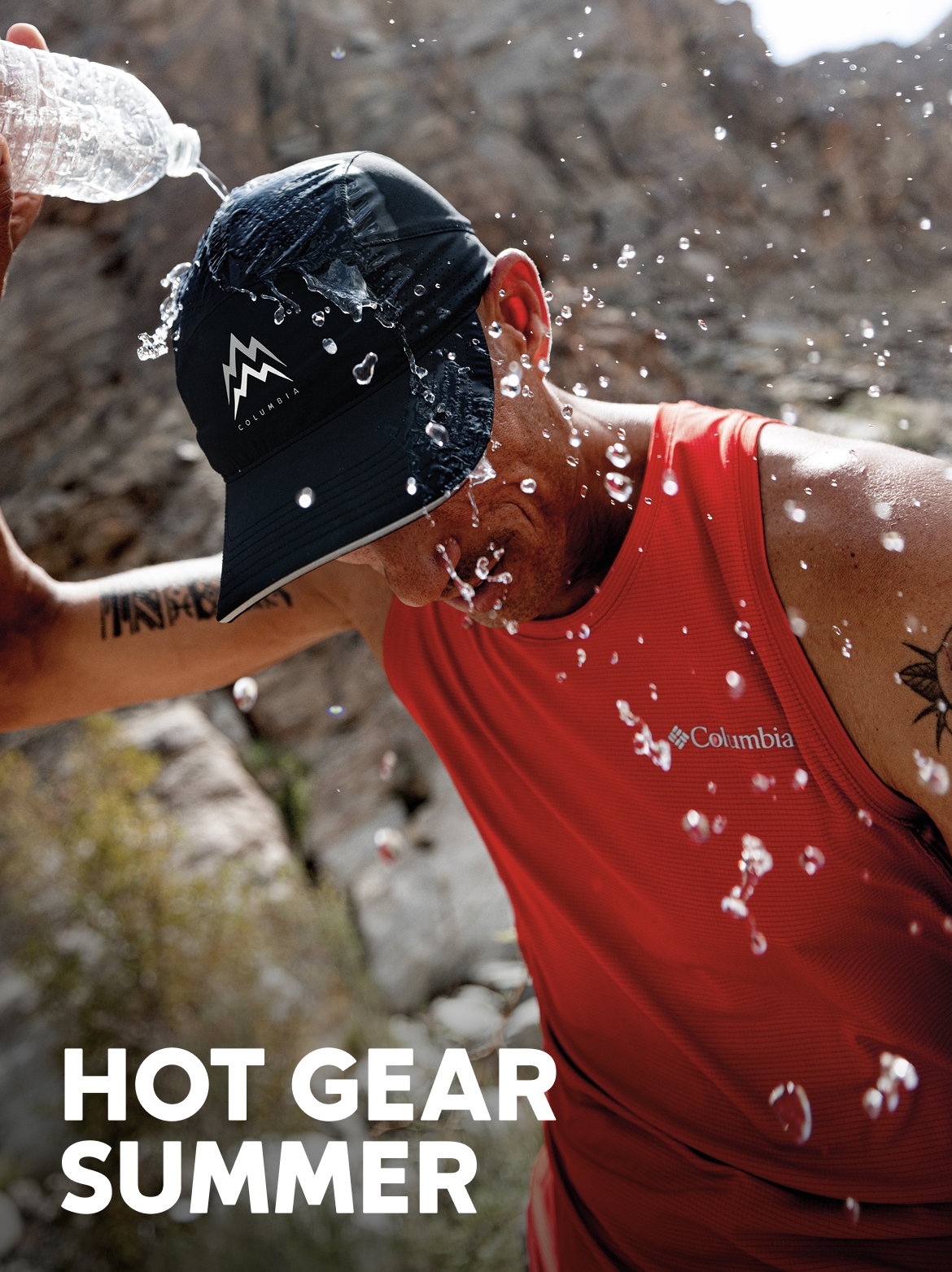 A runner in a red tank and black ball cap pouring water on himself in a desert setting with text: HOT GEAR SUMMER