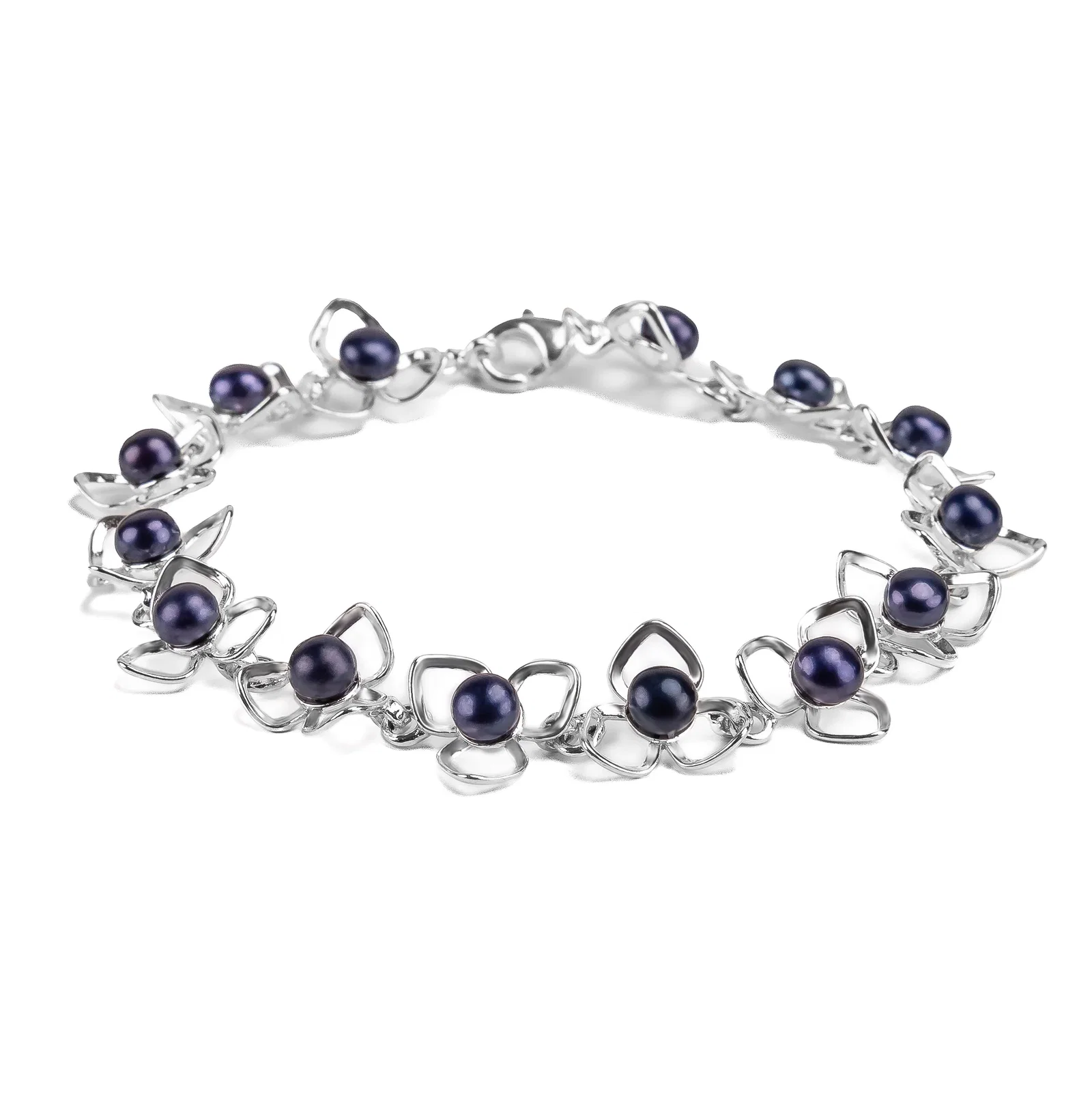 Image of Flower Petal Bracelet in Silver & Black Pearl