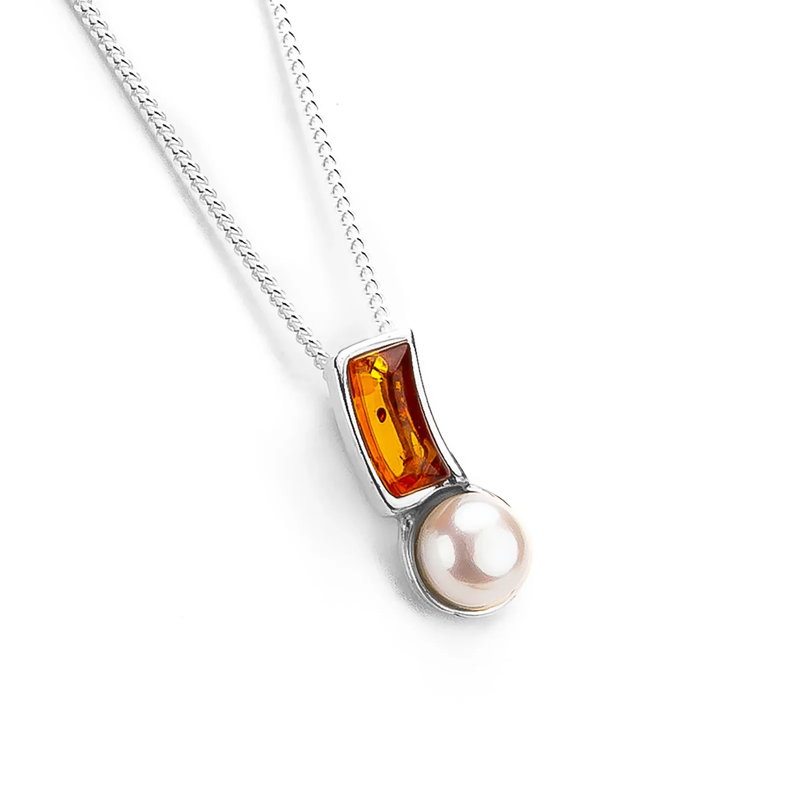 Image of Curved Pearl Necklace in Silver and Cognac Amber