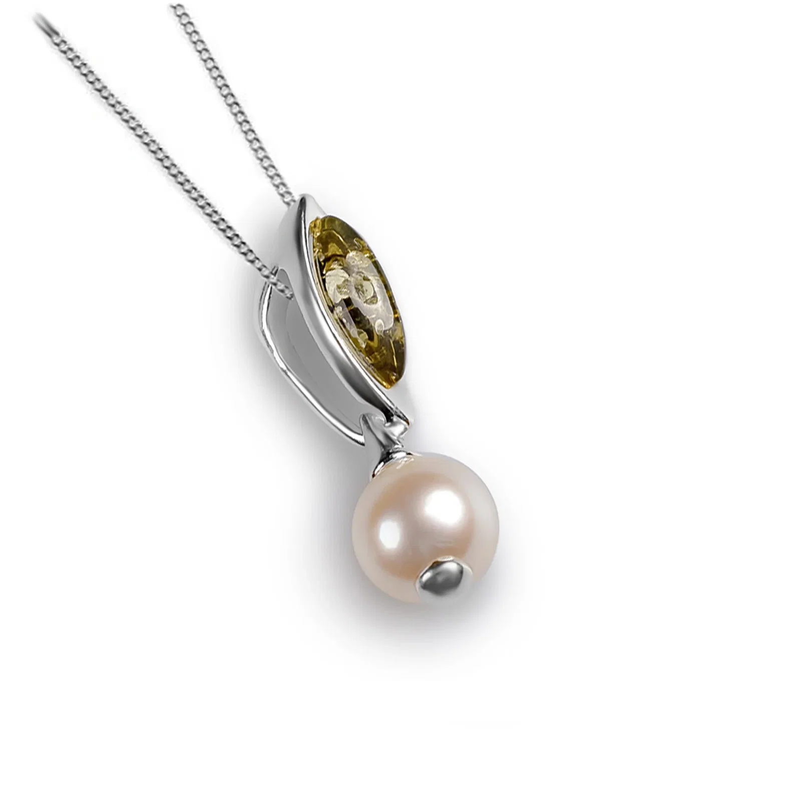 Image of Marquise Pearl Necklace in Silver and Green Amber