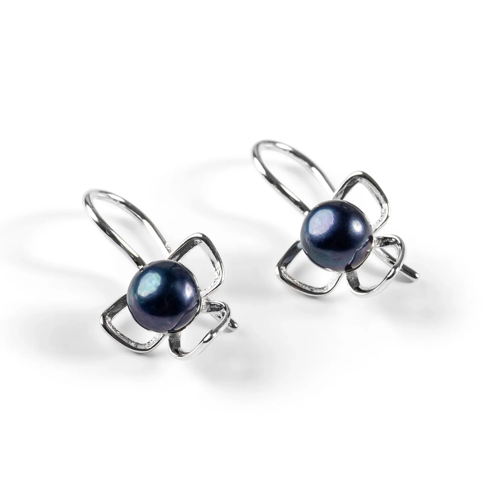 Image of Flower Petal Hook Earrings in Silver & Black Pearl