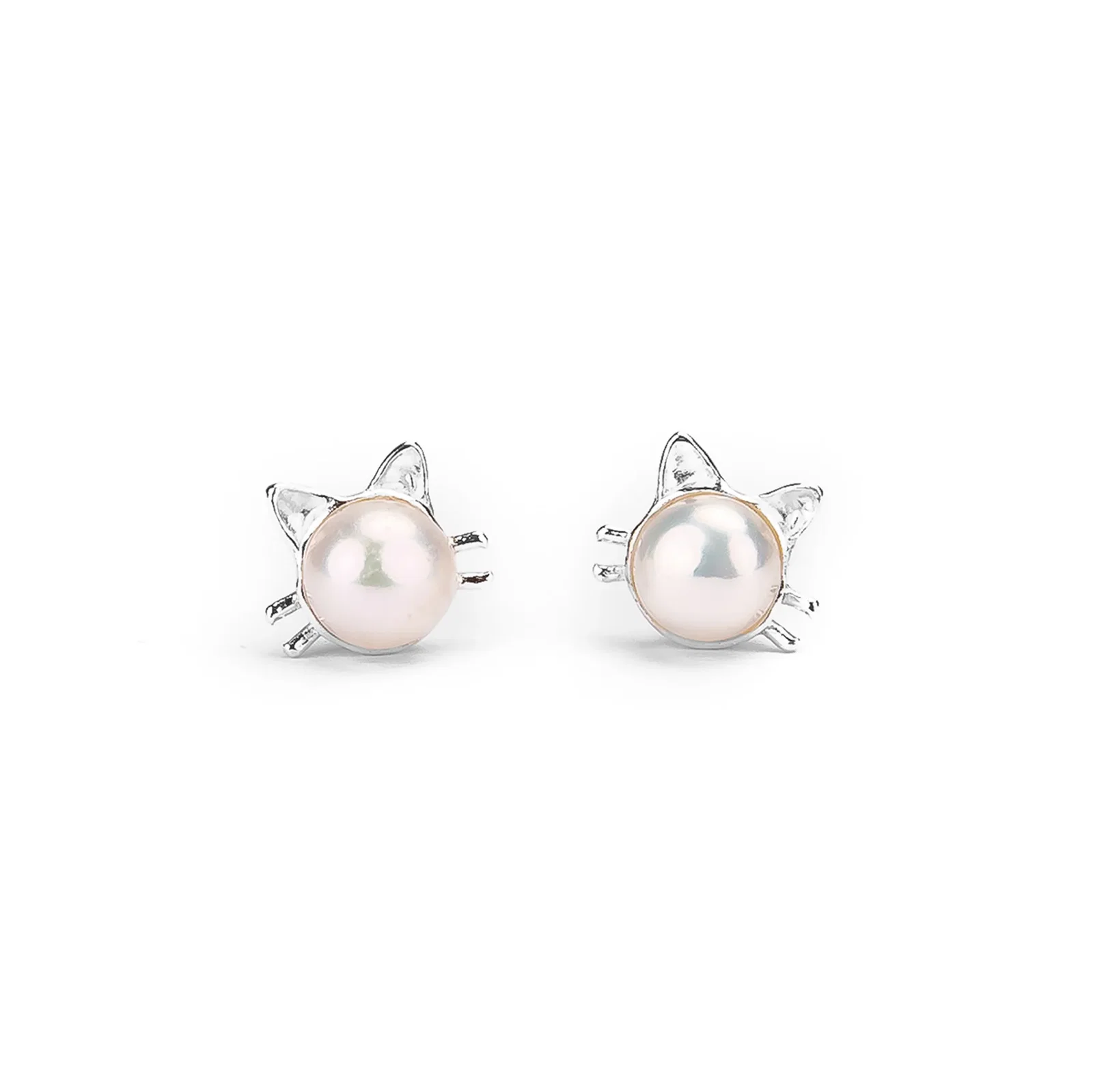 Image of Cute Cat Face Stud Earrings in Silver and Pearl